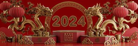 3d rendering illustration for happy chinese new year 2024 the dragon zodiac sign with flower, lantern, asian elements, red and gold on background. ( Translation :  year of the dragon 2024 )の写真素材