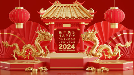 3d rendering illustration for happy chinese new year 2024 the dragon zodiac sign with flower, lantern, asian elements, red and gold on background. ( Translation :  year of the dragon 2024 )の写真素材