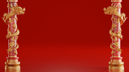 3d rendering illustration background for happy chinese new year 2024 the dragon zodiac sign with red and gold color, flower, lantern, and asian elements. ( Translation :  year of the dragon 2024 )の写真素材