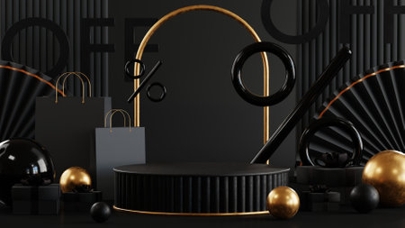 3D rendering podium for black friday sale. realistic 3d design stage podium, round studio, gold neon...