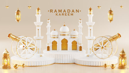 3d Ramadan Kareem podium with golden moon star and lantern, mosque door islamic pattern, arabic coffee pot, date palm fruit, podium as luxury islamic background. decoration for ramadan kareem.の写真素材