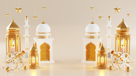 3d Ramadan Kareem podium with golden moon star and lantern, mosque door islamic pattern, arabic coffee pot, date palm fruit, podium as luxury islamic background. decoration for ramadan kareem.の写真素材