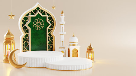 3d Ramadan Kareem podium with golden moon star and lantern, mosque door islamic pattern, arabic coffee pot, date palm fruit, podium as luxury islamic background. decoration for ramadan kareem.の写真素材