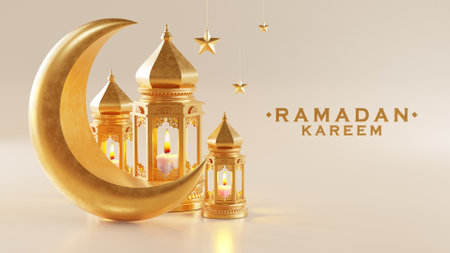 3d Ramadan Kareem podium with golden moon star and lantern, mosque door islamic pattern, arabic coffee pot, date palm fruit, podium as luxury islamic background. decoration for ramadan kareem.の写真素材