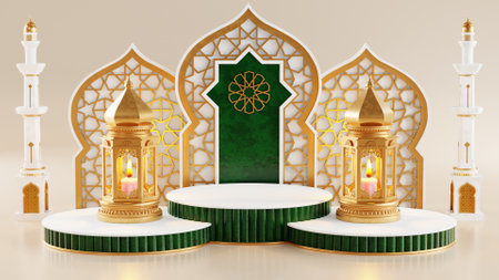 3d Ramadan Kareem podium with golden moon star and lantern, mosque door islamic pattern, arabic coffee pot, date palm fruit, podium as luxury islamic background. decoration for ramadan kareem.の写真素材