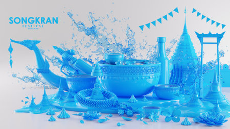 3d rendering illustration background for Songkran festival background in thailand water festival 3d with with blue water splash,thai architecture. ( Translation thai : Songkran Thailand )の写真素材