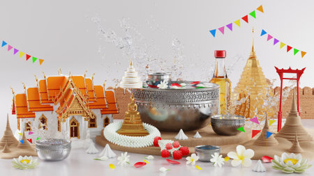 3d rendering illustration background for Songkran festival background in thailand water festival 3d with with blue water splash,thai architecture. ( Translation thai : Songkran Thailand )の写真素材
