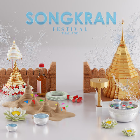 3d rendering illustration background for Songkran festival background in thailand water festival 3d with with blue water splash,thai architecture. ( Translation thai : Songkran Thailand )の写真素材