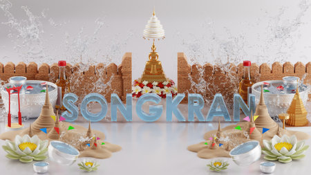 3d rendering illustration background for Songkran festival background in thailand water festival 3d with with blue water splash,thai architecture. ( Translation thai : Songkran Thailand )の写真素材