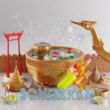 3d rendering illustration background for Songkran festival background in thailand water festival 3d with with blue water splash,thai architecture. ( Translation thai : Songkran Thailand )の写真素材