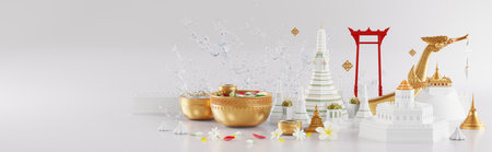 3d rendering illustration background for Songkran festival background in thailand water festival 3d with with blue water splash,thai architecture. ( Translation thai : Songkran Thailand )の写真素材