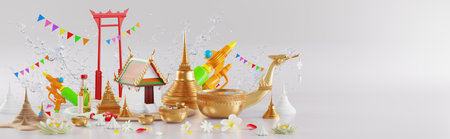 3d rendering illustration background for Songkran festival background in thailand water festival 3d with with blue water splash,thai architecture. ( Translation thai : Songkran Thailand )の写真素材