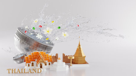 3d rendering illustration background for Songkran festival background in thailand water festival 3d with with blue water splash,thai architecture. ( Translation thai : Songkran Thailand )の写真素材