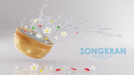 3d rendering illustration background for Songkran festival background in thailand water festival 3d with with blue water splash,thai architecture. ( Translation thai : Songkran Thailand )の写真素材