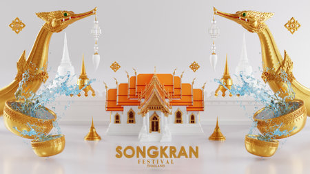 3d rendering illustration background for Songkran festival background in thailand water festival 3d with with blue water splash,thai architecture. ( Translation thai : Songkran Thailand )の写真素材