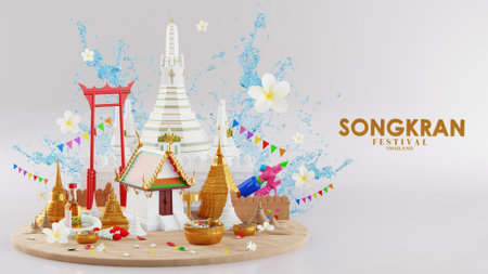 3d rendering illustration background for Songkran festival background in thailand water festival 3d with with blue water splash,thai architecture. ( Translation thai : Songkran Thailand )の写真素材