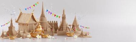 3d rendering illustration background for Songkran festival background in thailand water festival 3d with with blue water splash,thai architecture. ( Translation thai : Songkran Thailand )の写真素材