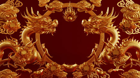 3d rendering illustration for happy chinese new year 2024 the dragon zodiac sign with flower, lantern, asian elements, red and gold on background. ( Translation :  year of the dragon 2024 )の写真素材