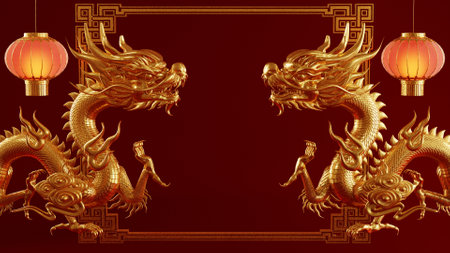 3d rendering illustration for happy chinese new year 2024 the dragon zodiac sign with flower, lantern, asian elements, red and gold on background. ( Translation :  year of the dragon 2024 )の写真素材
