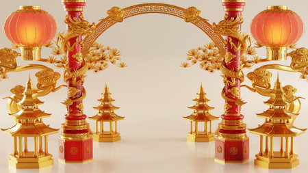 3d rendering illustration for happy chinese new year 2024 the dragon zodiac sign with flower, lantern, asian elements, red and gold on background. ( Translation :  year of the dragon 2024 )の写真素材