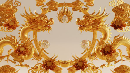 3d rendering illustration for happy chinese new year 2024 the dragon zodiac sign with flower, lantern, asian elements, red and gold on background. ( Translation :  year of the dragon 2024 )の写真素材