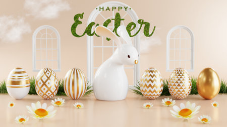 3d rendering illustration easter day and podium realistic rabbit bunny with gold easter egg elements and flower with grass decorations.の写真素材