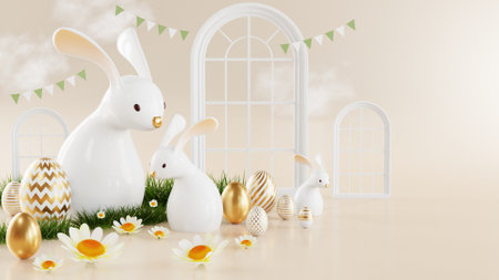 3d rendering illustration easter day and podium realistic rabbit bunny with gold easter egg elements and flower with grass decorations.の写真素材