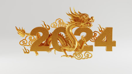3d rendering illustration for happy chinese new year 2024 the dragon zodiac sign with flower, lantern, asian elements, red and gold on background. ( Translation :  year of the dragの写真素材