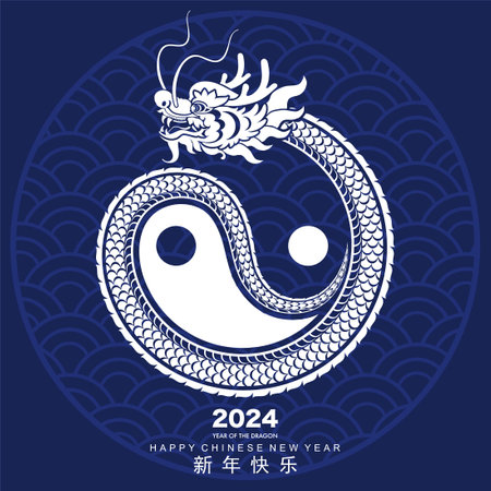 Happy chinese new year 2024 the dragon zodiac sign with flower,lantern,asian elements white and blue paper cut style on color background. ( Translation : happy new year 2024 year of the dragon )のイラスト素材