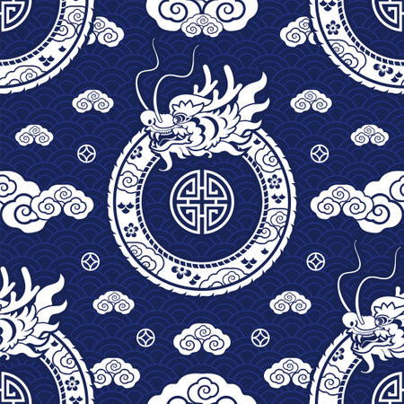 Seamless pattern happy chinese new year 2024 the dragon zodiac sign with asian elements paper cut style on color background. ( Translation : happy new year 2024 year of the dragon )のイラスト素材