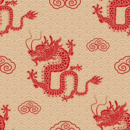 Seamless pattern happy chinese new year 2024 the dragon zodiac sign with asian elements paper cut style on color background. ( Translation : happy new year 2024 year of the dragon )のイラスト素材