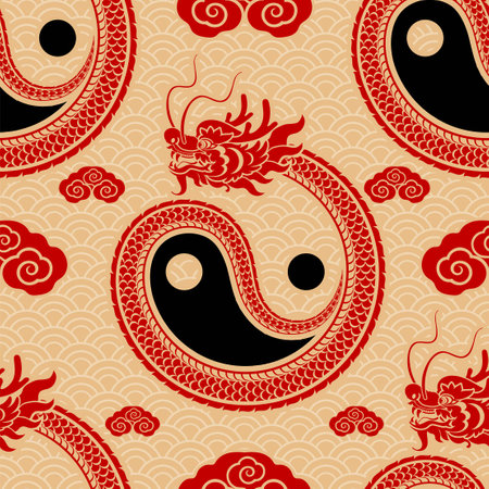 Seamless pattern happy chinese new year 2024 the dragon zodiac sign with asian elements paper cut style on color background. ( Translation : happy new year 2024 year of the dragon )のイラスト素材