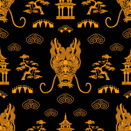 Seamless pattern happy chinese new year 2024 the dragon zodiac sign with asian elements paper cut style on color background. ( Translation : happy new year 2024 year of the dragon )のイラスト素材
