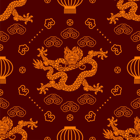 Seamless pattern happy chinese new year 2024 the dragon zodiac sign with asian elements paper cut style on color background. ( Translation : happy new year 2024 year of the dragon )のイラスト素材