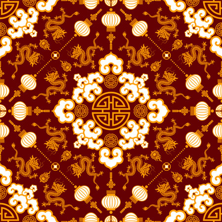 Seamless pattern happy chinese new year 2024 the dragon zodiac sign with asian elements paper cut style on color background. ( Translation : happy new year 2024 year of the dragon )のイラスト素材