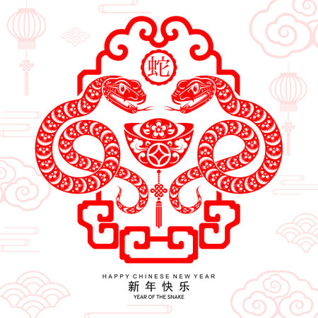 Happy chinese new year 2025 the snake zodiac sign with flower,lantern,asian elements red paper cut style on color background. ( Translation : happy new year 2025 year of the snake )
のイラスト素材