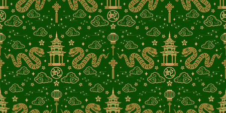 Seamless pattern happy chinese new year 2025 the snake zodiac sign with asian elements paper cut style on color background. ( Translation : happy new year 2024 year of the snake )&#xA;のイラスト素材