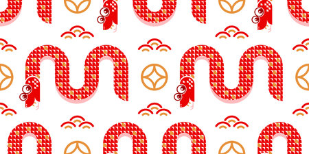 Seamless pattern happy chinese new year 2025 the snake zodiac sign with asian elements paper cut style on color background. ( Translation : happy new year 2024 year of the snake )&#xA;のイラスト素材