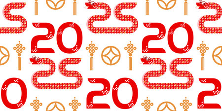 Seamless pattern happy chinese new year 2025 the snake zodiac sign with asian elements paper cut style on color background. ( Translation : happy new year 2024 year of the snake )
のイラスト素材