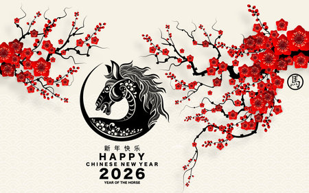 Happy chinese new year 2026 the horse  sign with flower,lantern,asian elements red and gold color paper cut style on color background. ( Translation : happy new year 2026 year of the horse )
のイラスト素材