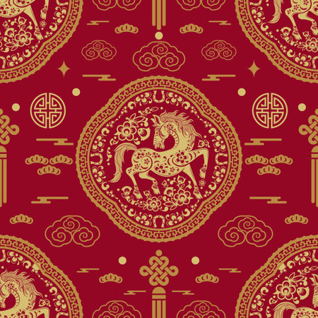 Seamless pattern happy chinese new year 2026 the horse  sign with asian elements paper cut style on color background. ( Translation : happy new year 2026 year of the horse )
のイラスト素材