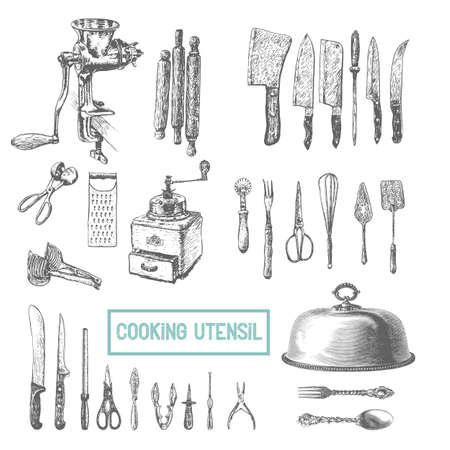 Kitchen utensils set. Vector large collection of hand drawn illustration with kitchen tools. Utensil and cooking. Kitchenware sketch. Retro engraving styleのイラスト素材