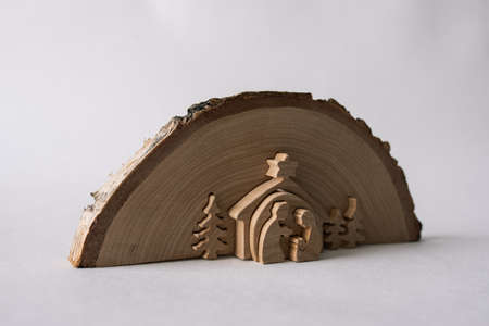 christmas nativity scene with figures made out of woodの写真素材