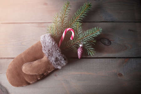 Wooden background with christmas decoration. Creative New Years Composition