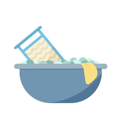 Vector icon. Flat style. Isolated vector illustration on a white background. Basin and washboard with soapy water.のイラスト素材