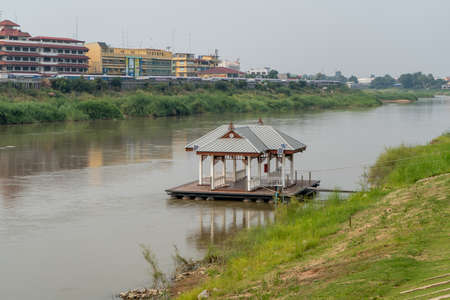 Pavilion on the bank of the Mekong River in Laosの写真素材