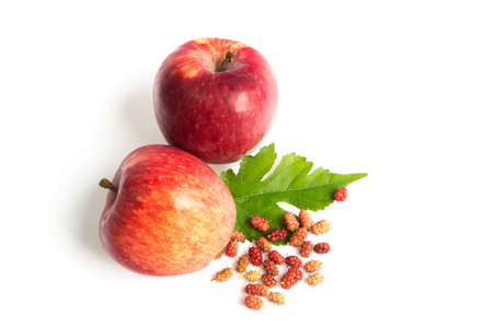 Apple and mulberry on white background.
