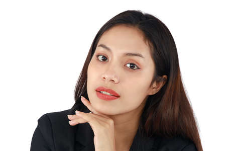 isolated close up beautiful woman smiling on white background. beauty and cosmetic concept.の写真素材