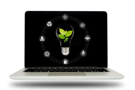Computer laptop and plant growing inside light bulb with icon on white background. Saving energy,...