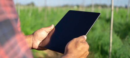 Smart young farmers use tablets to manage their farms and use technology to reduce work time and increase convenience. farmers research and market information online.の写真素材